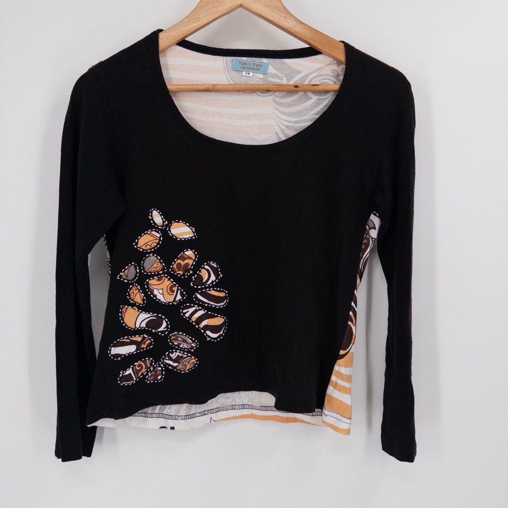Y2K Yak‎ n Yeti Boho Patchwork Cutout Long Sleeve Top Womens M Festival Hippie